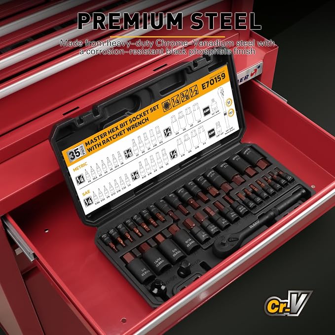 35-Piece Master Hex Bit Socket Set, 1/4", 3/8", 1/2" Drive Allen Socket Set H2-H19, 5/16"-3/4", Premium CR-V & S2 Alloy Steel, Ratchet Wrench, Sockets Adapter, High Torque for Automotive Mechanic