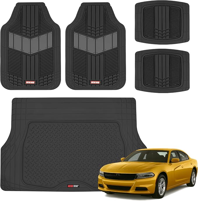 Motor Trend DualFlex Heavy Duty Rubber Auto Floor Mats w/Cargo Trunk Liner Cover Padding for Car Truck SUV, Universal Trim to Fit, All Weather Protection, Gray (MT-688-GR+MT-884-BK)
