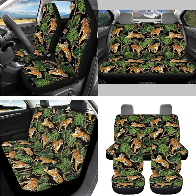 AFPANQZ Tiger Monstera Print Car Accessories Set Car Seat Covers Full Set with Steering Wheel Cover/Car Coaster/Handbrake Gear Shift Knob Covers/Seat Belt Shoulder Pads