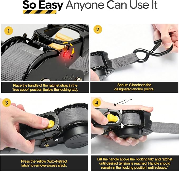 AUGO Retractable Ratchet Straps | 2 Heavy Duty Ratchet Straps Self Retractable Tie Downs with Soft Loops & Storage Bag for Motorcycle, Truck, Trailer, Cargo Van | 3000 Lb Break Strength 2” x 10’
