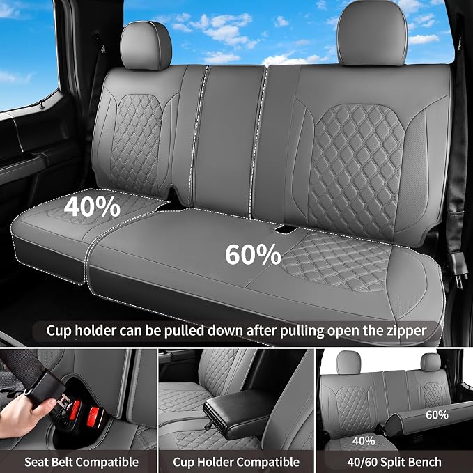 Huidasource Fit for Gray Chevy Silverado/GMC Sierra Rear Seat Covers, Thickened Split Nappa Leather Truck Back Seat Cover 2007-2013&2019-2025 1500, 2020-2025 2500HD 3500HD Crew Cab WT LS LT