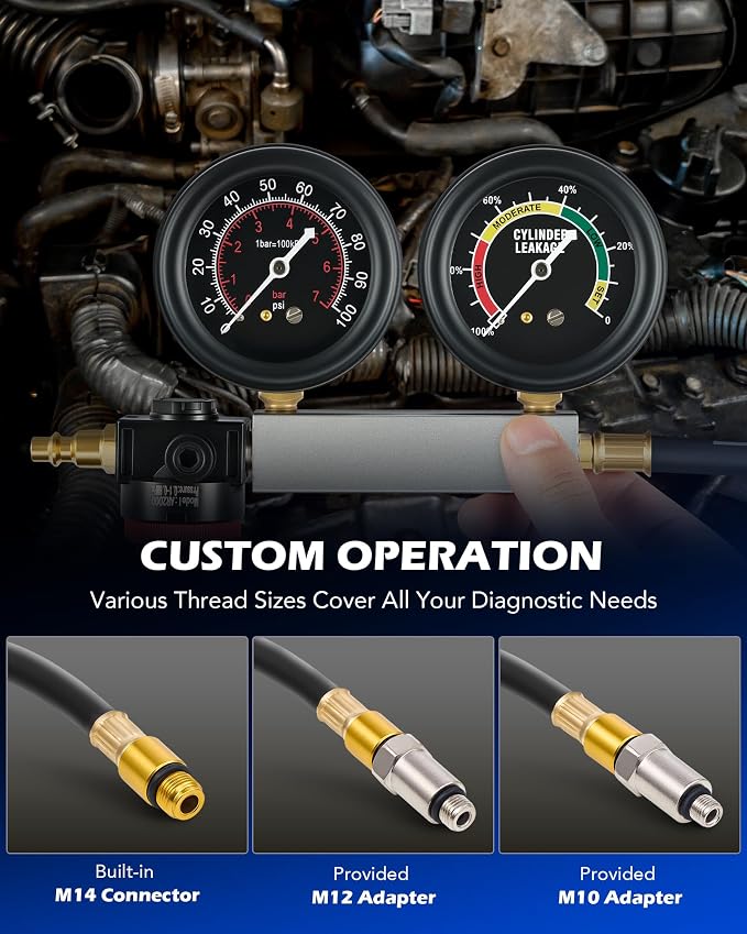 Orion Motor Tech Cylinder Leak Down Tester Kit, Dual-Gauge Automotive Engine Leakage Tester for Petrol Engines, Adjustable Leakdown Diagnostic Detector Tool Kit with Spark Plug Tester Adapters
