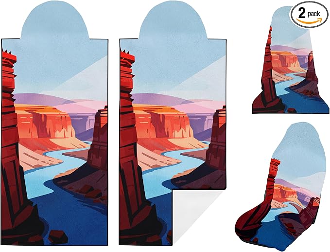 2 Pack Car Seat Towel Covers, Sweat Protector for Front Seats, Premium Thickened Microfiber with The Grand Canyon, Breathable & Quick Dry, Slip-on Headrest Pocket for Gym Running Beach Universal Fit