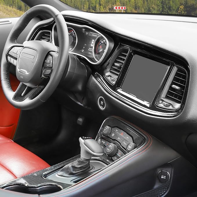 Jimen Fit for Dodge Challenger 2015-2023, 9PCS Carbon Fiber Interior Kits - Center Console Dash Trim Dashboard Cover, Gear Shifter Panel Cover