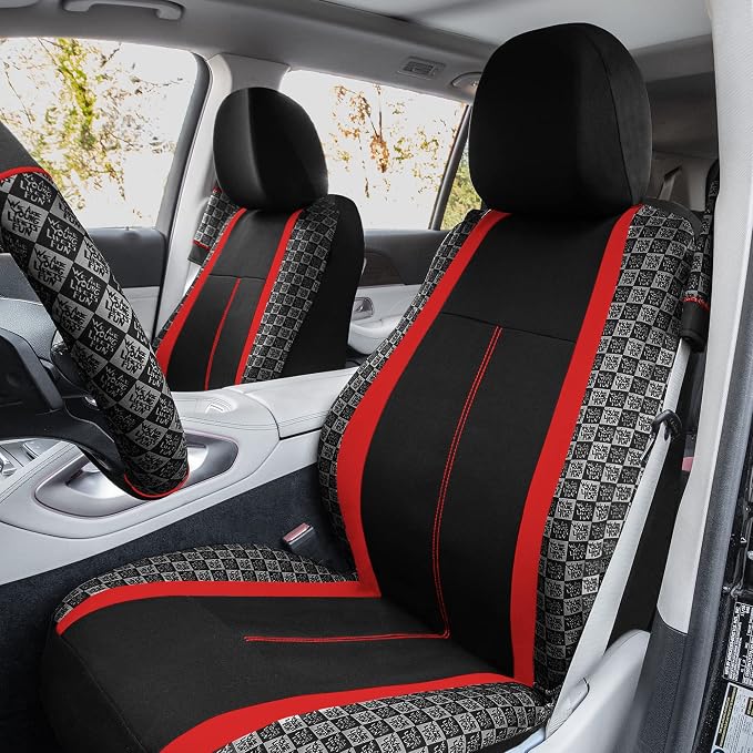 We Are Young Life is Fun™ Checker Car Seat Covers Universal Fit Interior Accessories Full Set Red Seat Cover Combo Steering Wheel Cover and Seat Belt Pads, Airbag and Split Rear Car Seat Covers