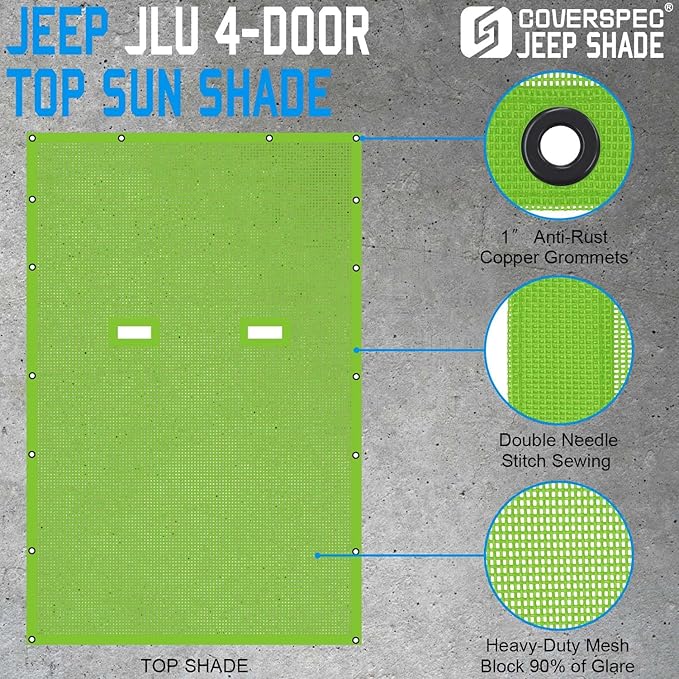 JL Top Sun Shade Roof Compatible with Jeep Wrangler 2 or 4 Door 2018 to 2023 Sunshade Sunroof Cover Blocks UV Wind Noise Green Mesh for Full Length