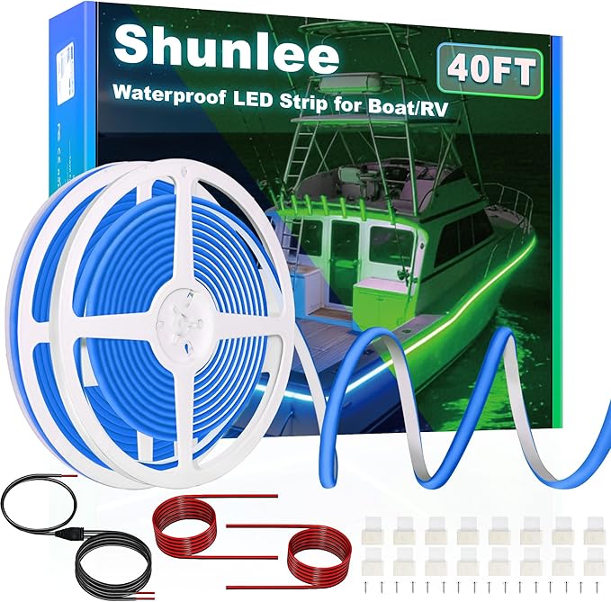 SHUNLEE Boat Led Light Strip Blue 40FT, IP67 COB Waterproof Marine Pontoon Led Lights, Boat Interior Lights for Night Fishing, Kayak, RV, Jon, Bass (40FT-Blue)