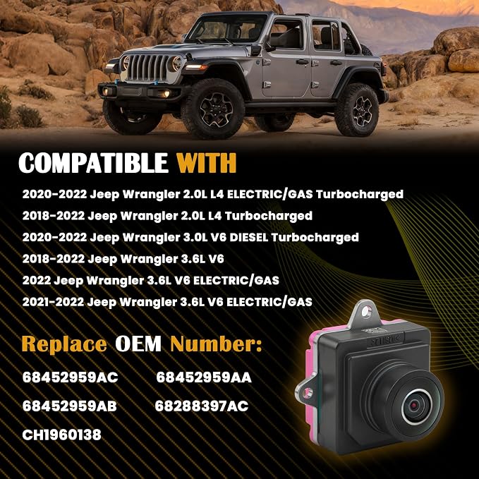 Rear View Backup Camera Compatible with Jeep Wrangler 2018-2022, Replaces 68452959AC 68288397AC CH1960138