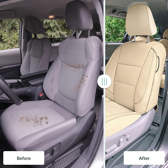 FH Group Custom Fit Car Seat Covers Specifically Made for 2011-2020 Toyota Sienna 7 Passenger, Car Seat Cover Front Set, Automotive Seat Covers in Solid Beige Faux Leather, Waterproof and Washable