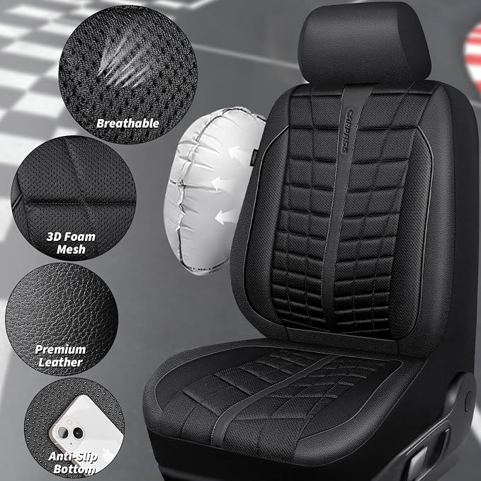 CAR PASS 3D Foam Mesh Leather Car Seat Covers Full Set, Breathable Premium Leather Seat Covers for Car, Anti Slip Universal Fit for Trucks Cars Sedans Vans SUVs, Airbag Compatible, All Black