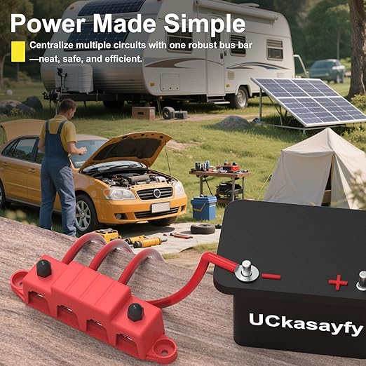 Bus Bar 250A 12V Power Distribution Block with 5/16" (M8) 4-Posts Terminals Block with Cover for Automotive, Marine, Battery System (Black & Red)