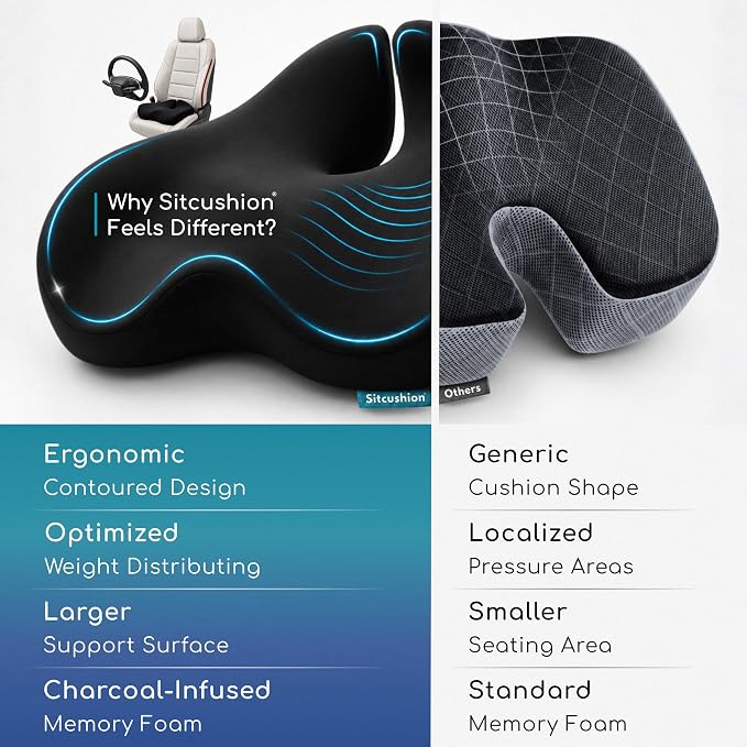 SitCushion Car Seat Cushion for Long Driving – X Large Memory Foam Seat Cushion for Sciatica & Tailbone Pain Relief, Orthopedic Coccyx Cushion with Non-Slip Bottom, Back Pillow for Car, Truck (Black)