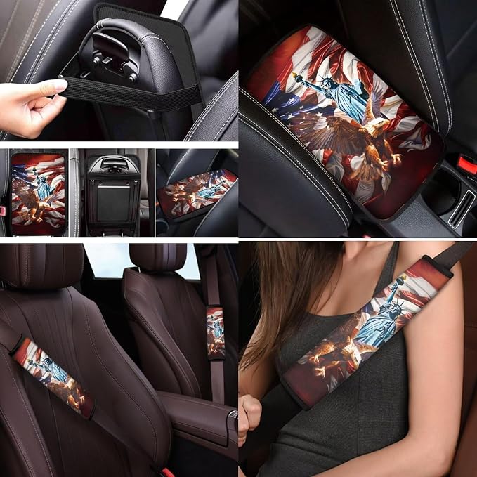 Mumeson State of Liberty Eagle 8 Pieces Set Car Seat Covers Car Seat Covers with 1 Pair Car Seatbelt Covers Soft Shoulder Cushion Pad Rubber Steering Wheel Covers Car Armrest Cover