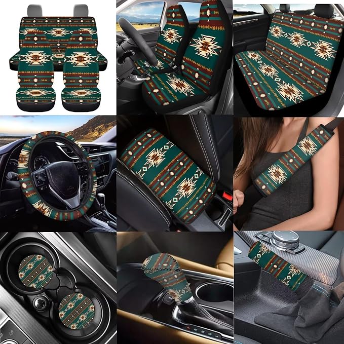 Dreaweet Navajo Seat Covers for Cars Trucks SUV,Green Southwestern Native American Seat Covers with Steering Wheel Cover,Seatbelt Cover,Armrest Pad,Cup Holder,Gear Shift Knob Handbrake Cover,Set of 12
