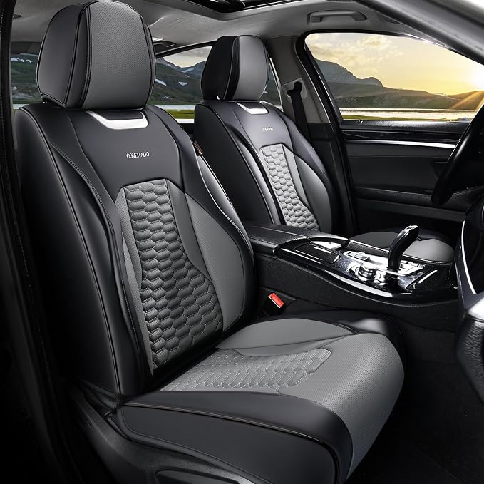 Coverado Car Seat Covers Front Seats, Luxury Leather Seat Covers for Cars, Automotive Car Seat Covers Protector Universal Fit Most Sedans, SUVs, Pick-up Trucks Interior Accessories(Black&Gray)