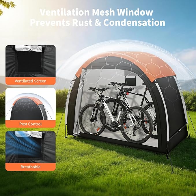 Bike Storage Tent with Rain Cover & Mesh Window, PU5000 Waterproof Bike Shed for 2-3 Bikes, Portable Outdoor Storage Shelter for Bicycle, Motorcycle, Lawn Mower, Garden Tools (6.6x2.6x5.6FT)