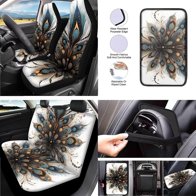 Peacock Feather 13 Pack Car Accessories Classical Peacock Feather Pattern Seatbelt Pad Armrest Cushion Keychain Minimalism Cup Holder Coaster Pads Decor Accessory