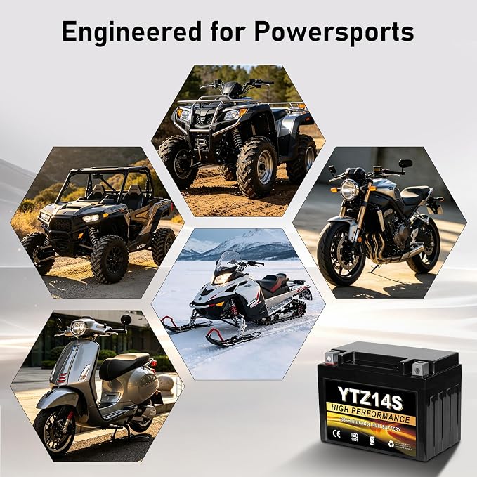 YTZ14S 12V 11.2Ah AGM Sealed Motorcycle Battery, Maintenance-Free, Compatible with Honda, Yamaha, BMW Motorcycles & Scooters