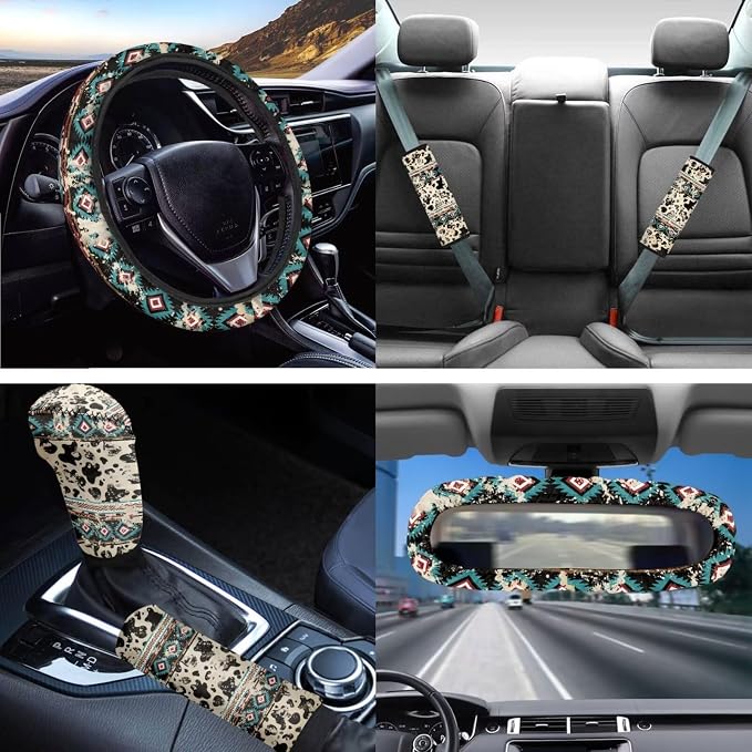 Western Aztec Cow Automotive Seat Cover Full Set Car Protection Accessory,Comfy Elastic Front Rear Bench Seat Covers for Most Vehicle,Steering Wheel Cover,Keychain,Coaster,Mirror Covers