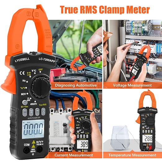 6000 Counts Clamp Meter & Bluetooth, Digital AC DC Voltage Current Amp Ohm Meter TRMS NCV Detector, Clamp Multimeter for Resistance Diode Continuity Temperature Car Electrical Tester 7200-APP