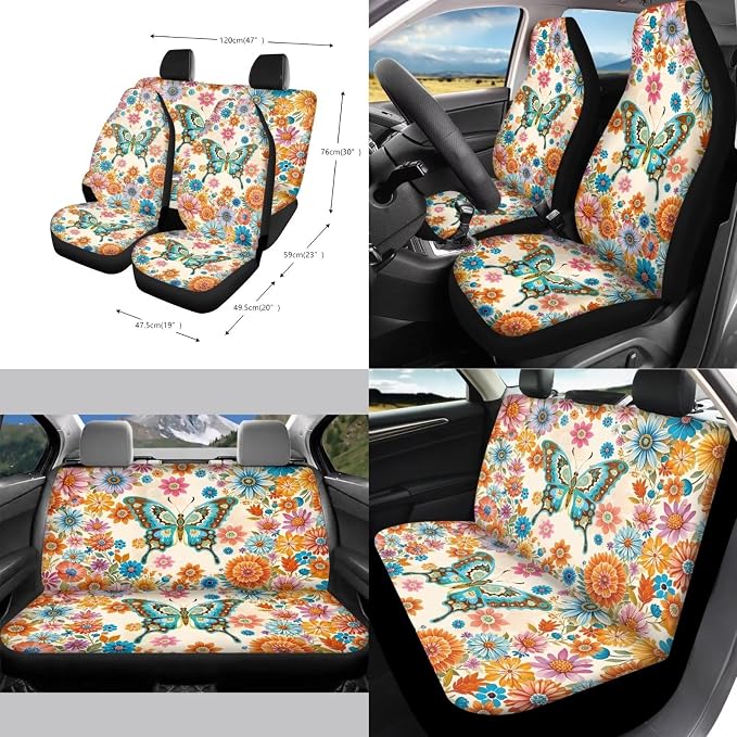 Car Accessories Car Seat Covers Full Set with Steering Wheel Covers+Seat Belt Pads+Coasters+Keychain+Lipstick Holder Universal Fit(13 Pack), Vibrant Boho Mandala Butterfly