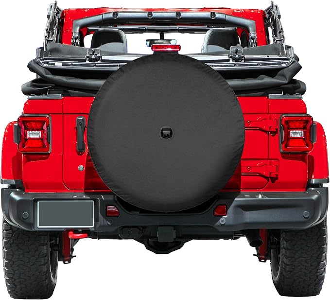Boomerang - 33" Soft JL Tire Cover for Jeep Wrangler JL (with back-up camera) - Rubicon (2018-2024) - Black Denim Vinyl - Integrated Camera Hood