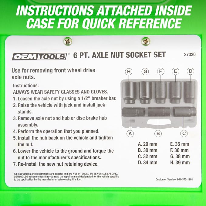 OEMTOOLS 37320 Axle Nut Socket Set, 6-Pt 1/2 Impact Socket Set, 8Pc Metric 1/2 Socket Set, Impact Socket Set 1/2 Drive for Axle Nuts, Impact Sockets 29mm to 39mm, Socket Sets Storage Case