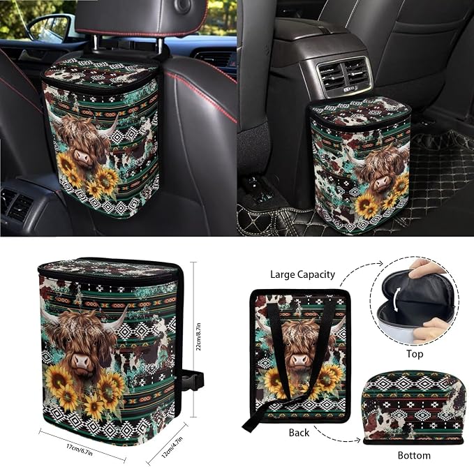 Aztec Tribe Cattle Print Car Seat Cover Sets Car Steering Wheel Cover Seat Belt Cover Trash Bin Air Vent Storage Box Front Rear View Mirror Car Cup Holder Keychain 15Pcs Car Accessories