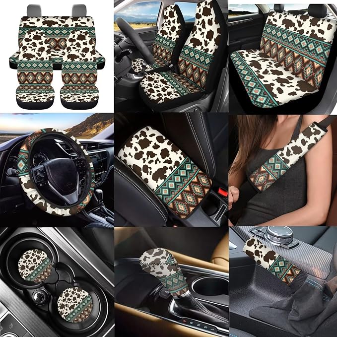 Dreaweet Aztec Cow Car Seat Covers Full Set for Women,Southwestern Car Accessories Interior,Native American Steering Wheel Cover with Center Console Cover,Seat Belt Pads,Car Coasters,Gear Shift Cover