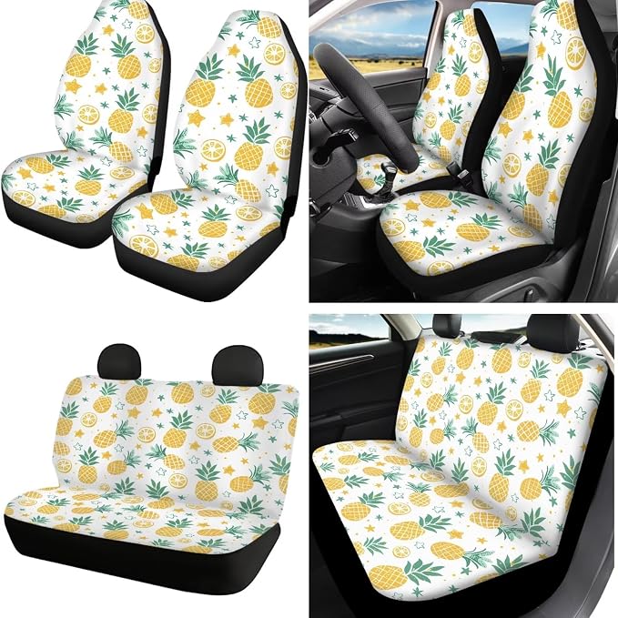 16 Pcs Pineapple Car Seat Covers Full Set Sun Shade Windshield with Steering Wheel Cover Seatbelt Pads Coasters Keychain Armrest Cushion and Pillow,Fruit Car Accessories Universal Fit