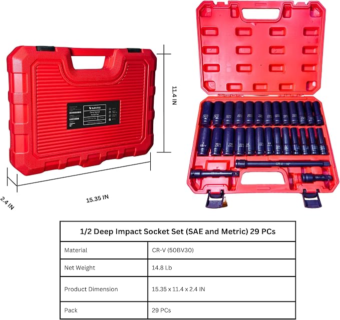1/2" Drive Impact Socket Set,29-Pieces Metric (10-24mm) and SAE (3/8 to 1 inch) Sizes with 3", 5", 10" Extension bars,Deep, 6 Point,Cr-V Steel(1/2" Socket Set, Metric and SAE, 29pcs)
