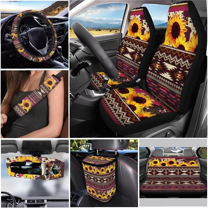 Boho Sunflower 12 Pack Car Seat Covers Sets Car Steering Wheel Cover Car Seat Belt Cover Car Trash Can Car Rear View Mirror Cover Car Cup Coasters Keychain Holder Keychains