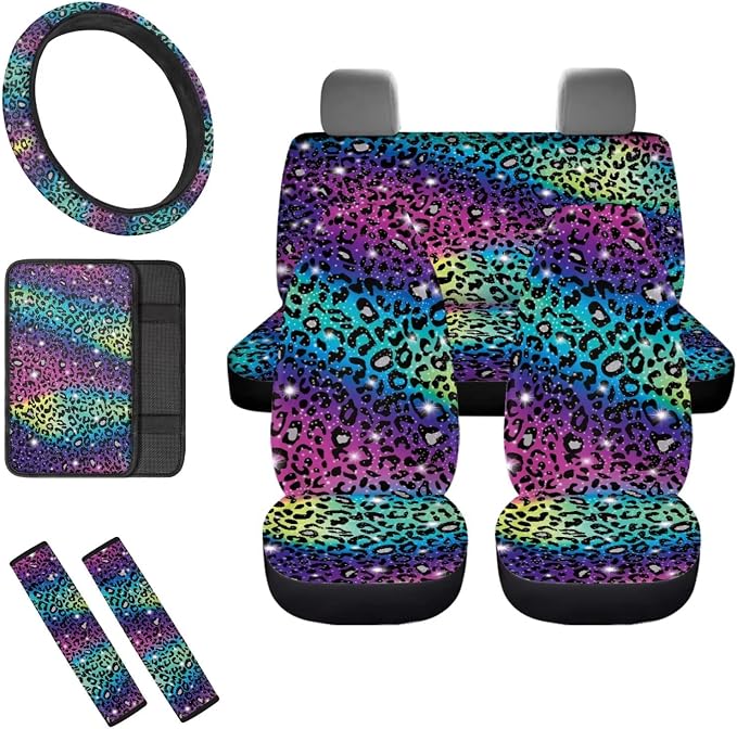 Mumeson Bright Leopard Skin Design Car Seat Covers Set with Steering Wheel Cover, Seat Belt Shoulder Pads,Car Armrest Cushion of Car Full Set of 8 Pieces Auto Interior Protector Set for Womens