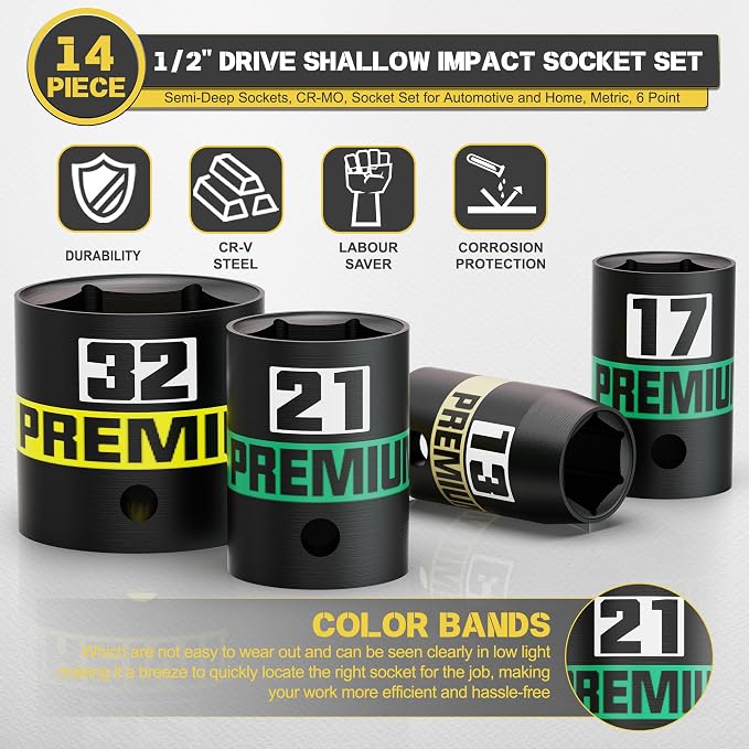 14-Piece 1/2" Drive Shallow Impact Socket Set, 11-32mm, Semi-Deep Sockets, CR-V, Socket Set for Automotive and Home, Metric, 6 Point