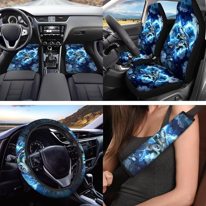 Sea Turtle Print Car Interior Accessories Set of 18, Car Seat Covers Full Set for Women, Auto Steering Wheel Cover Floor Mats Armrest Pad Seat Belt Pads Roof Cup Coaster Handle Wraps Keychains
