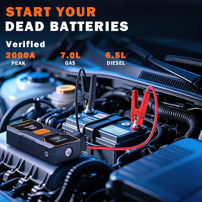Jump Starter with Air Compressor, Portable 2000A Car Battery Jump Box for 7.0 Gas/6.5L Diesel Vehicles, 150 PSI Tire Inflator Auto-Shut Off, Reverse Polarity Protection,3-Mode Emergency Light