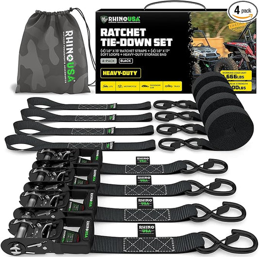 Rhino USA Ratchet Straps Heavy Duty Kit (4-Pack) - 1.6 Inch x 15 Feet Min Break Strength (5,000) - Ultimate Tie Down Straps with Safety S Hooks for Trucks, ATV, UTV, Motorcycle, Cargo & More - Black