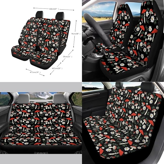 Vintage Mushroom Daisy Flower Pattern Car Accessories Car Seat Covers Full Set with Steering Wheel Covers+Seat Belt Pads+Coasters+Keychain+Lipstick Holder Universal Fit(13 Pack)