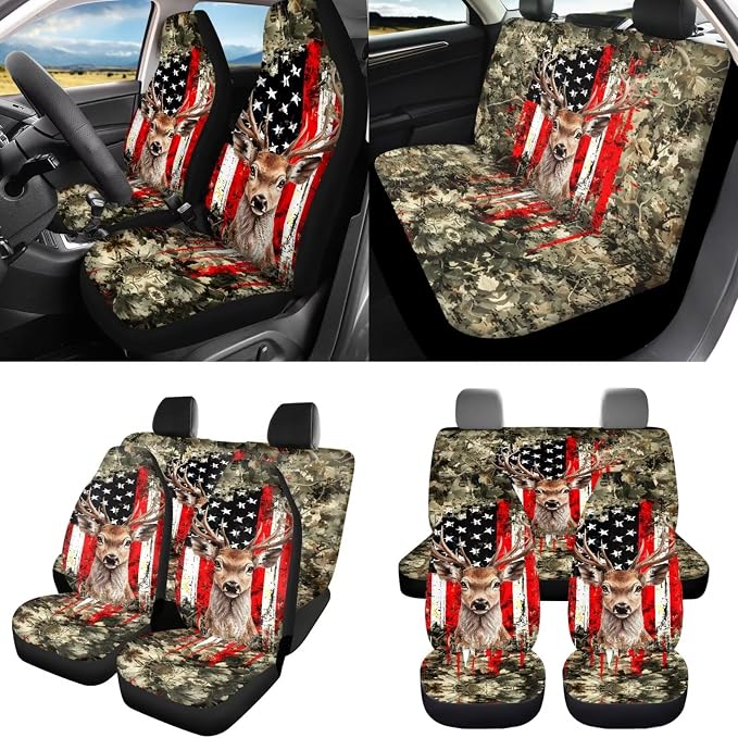 8 Pcs American Flag Hunting Deer Car Seat Covers Full Set Car Accessories for Women Front Seat Cover Steering Wheel Armrest Cover Seat Belt Cover for Auto SUV Interior Decoration