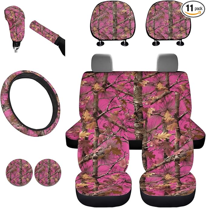 KEIAHUAN Pink Camo Hunting Car Seat Cover Full Set 11 Pieces Front & Back Seat Covers with Handbrake and Gear Shift Knob Cover, Headrest Cover, Coasters, Non-Slip Car Steering Wheel Cover, Coasters