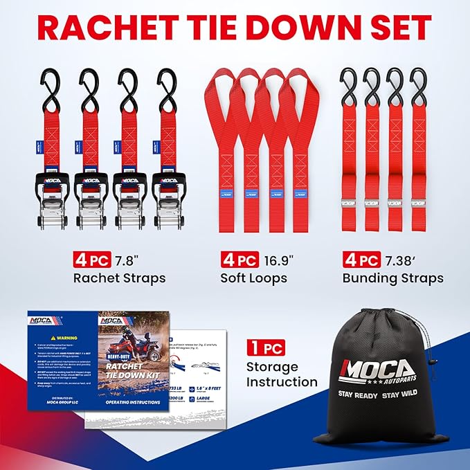 MOCA Red Heavy Duty Ratchet Tie Down Straps - 5200 Lbs Breaking Strength 1.6" x 8', Includes 4 Heavy Duty Ratchet Padded Handles & Coated Chromoly S Hooks & 4 Soft Loop Tie-Downs