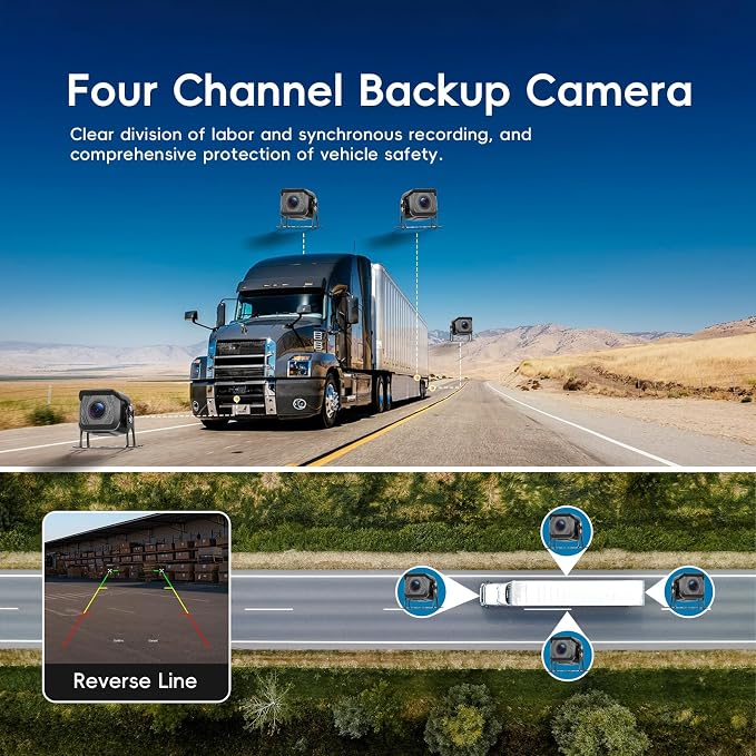 4 Cameras Wired Backup Camera System with 10.1Inch IPS Monitor for Truck RV Trailer Bus, Rear View Camera, with Side Front View Camera, 4 Split Screen, Super Waterproof, Night Vision, AHD1080P