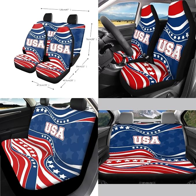 American Flag Print Full Set Car Seat Covers with Steering Wheel Cover Armrest Cushion Safety Belt Pads Car Rearview Mirror Cover Gear Shift Knob and Handbrake Covers Trash Bag