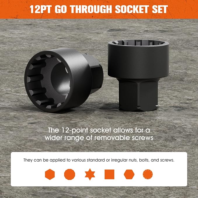 14-Piece 3/8" SAE Pass-Through Socket Set with Reversible Ratchet, Non-Slip Extractor Sockets for Damaged & Stubborn Fasteners