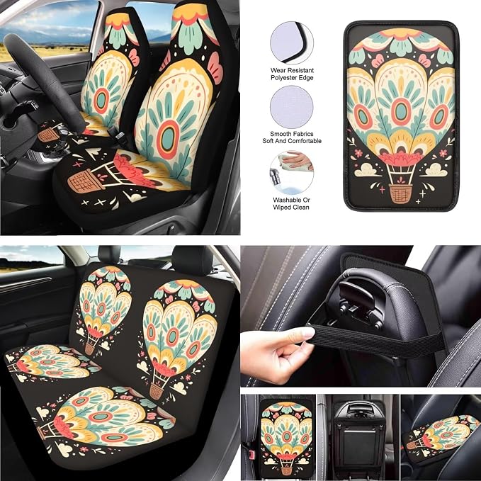 Air Balloon 13 Pcs Car Seat Covers Full Set, Floral Hot Air Balloon Auto Front and Rear Bench Seat Protector, Fork Art Steering Wheel Sleeve Auto Armrest Cover