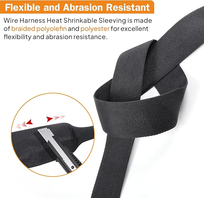2:1 Ratio Flat Heat Shrinkable Braided Sleeving,Electrical Insulating Tubing,Durable Automotive Fabric Harness Shrinking Sheath (1/4"-30ft)