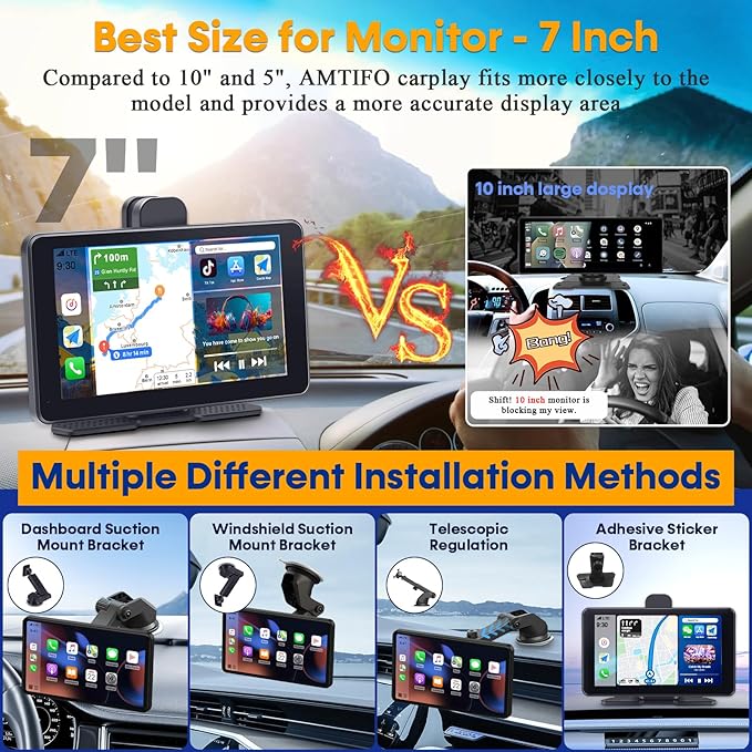 Wireless Apple CarPlay with Dash Cam: 7″ Carply Screen for Car with Backup Camera - 5-Min Plug-and-Play Upgrade for Older Cars - GPS Navigation, Bluetooth, Siri Voice Control
