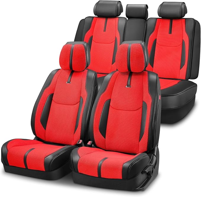 Auto Dynasty Car Seat Covers Full Set, Automotive Seat Covers for Cars Breathable Waterproof, Universal Anti-Slip Car Interior Protectors Compatible Airbag Fit Most Cars, Red, Drive Series