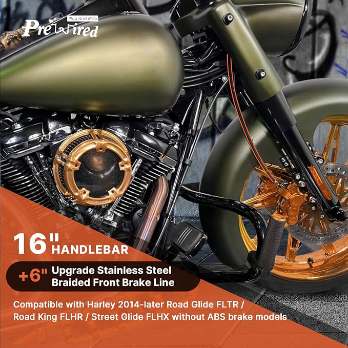 Front Dual Disc Brake Line 16" Handlebars +6" Extension Brake Cable NO ABS for Harley 2014-2023 Touring Road King/Road Glide/Street Glide/Electra Glide Models Stainless Steel Braided, Black