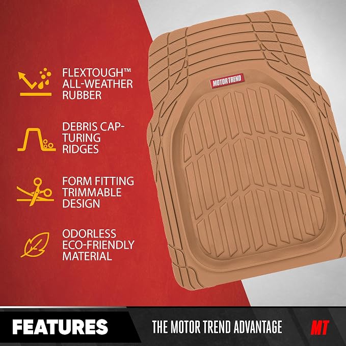Motor Trend FlexTough Contour Liners Deep Dish 3 pc Rubber Floor Mats & Trimmable Trunk Liner Cargo Mat - Heavy Duty All Weather Protection Car Mats with Traction Grips Car Accessories (Beige)